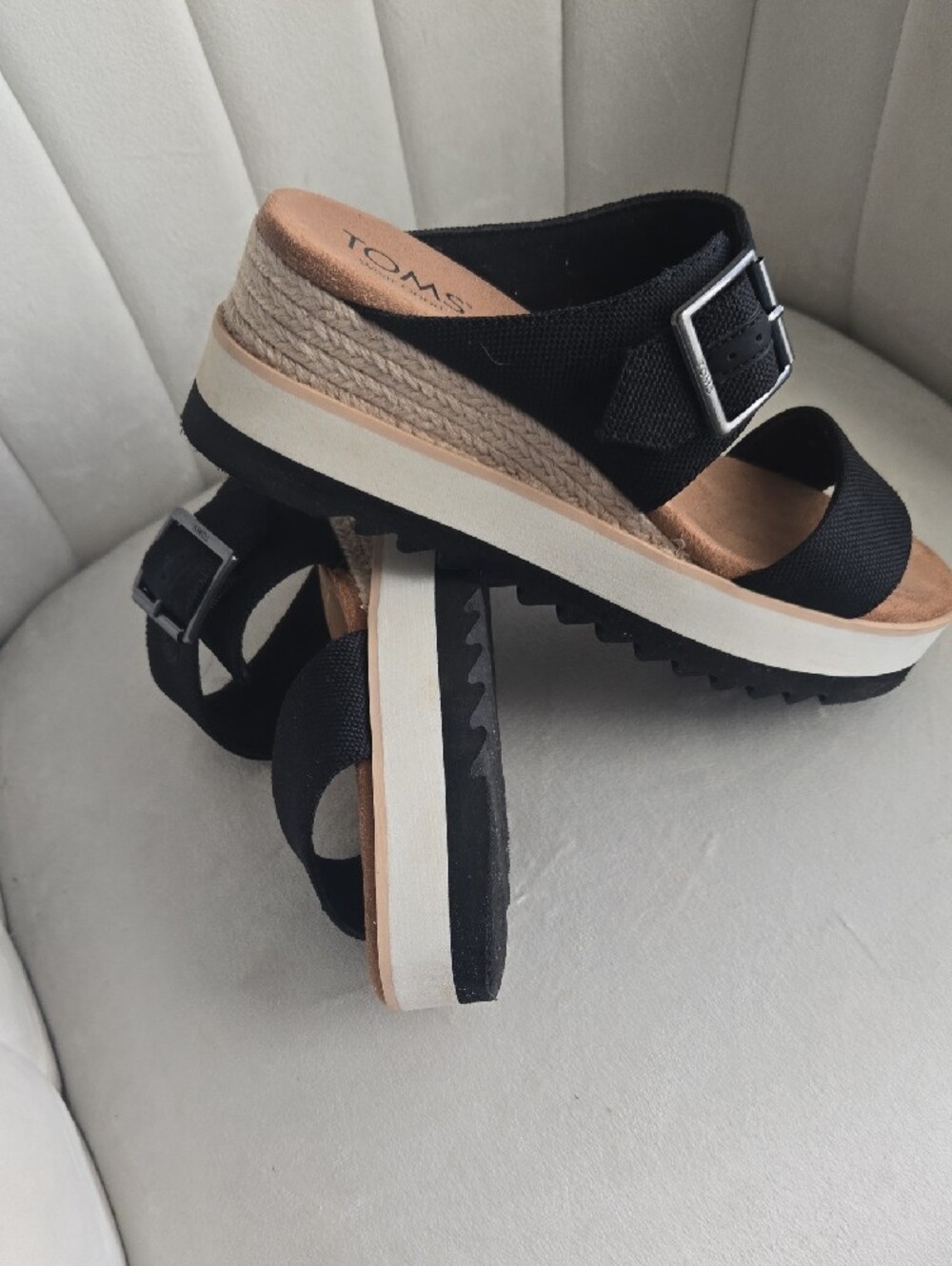 TOMS Black Canvas Platform Slide Sandals - Picture 5 of 6